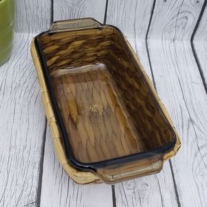 Vintage L'ovenware Smoked Amber Brown Glass W/ Woven Basket